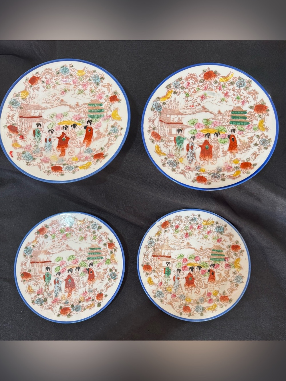 Vintage Japanese Geisha Dessert Plates Set of 4 Blue Rim Made in Japan